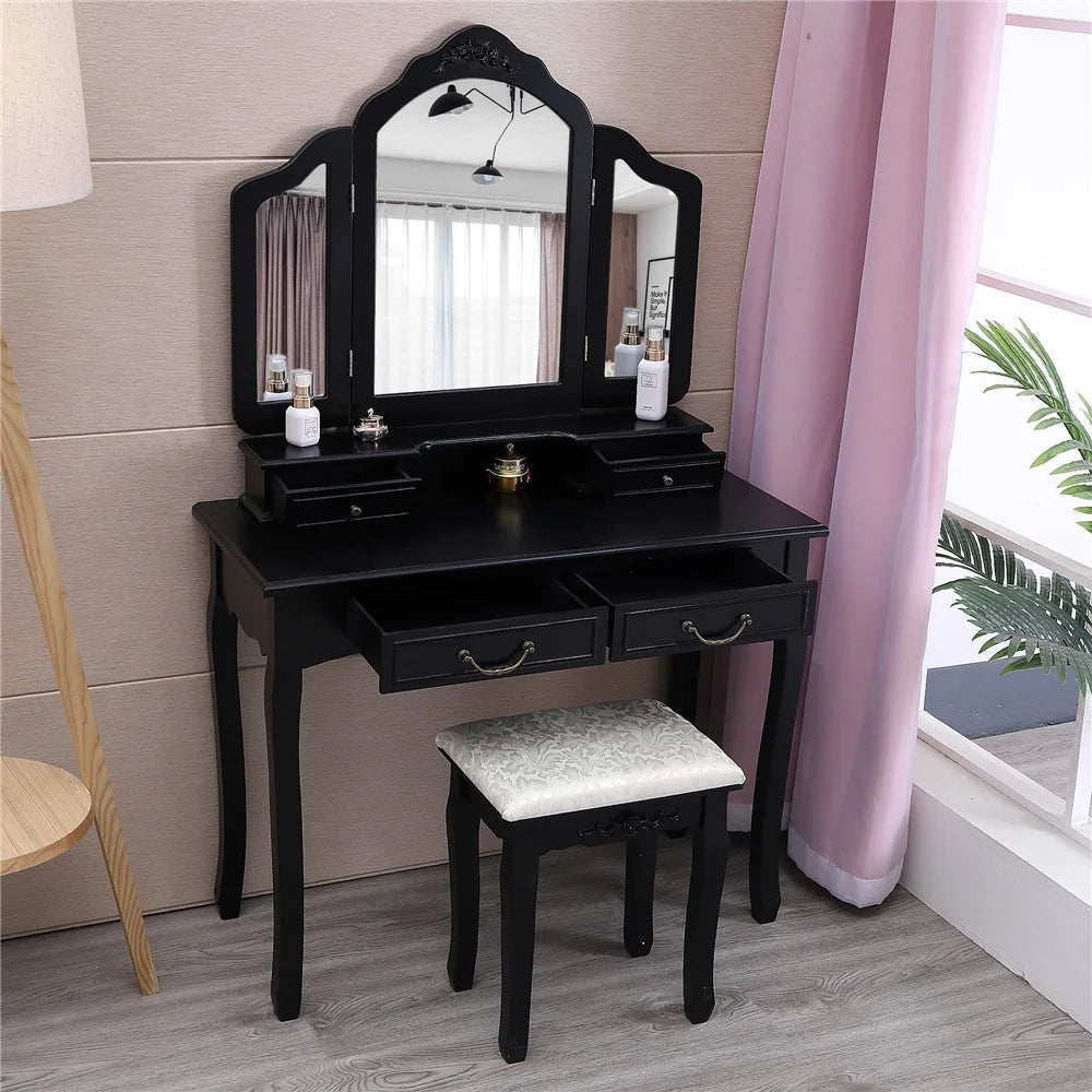 Black Trifold Mirror Vanity Table Set with Cushioned Stool 4 Drawer F359203
