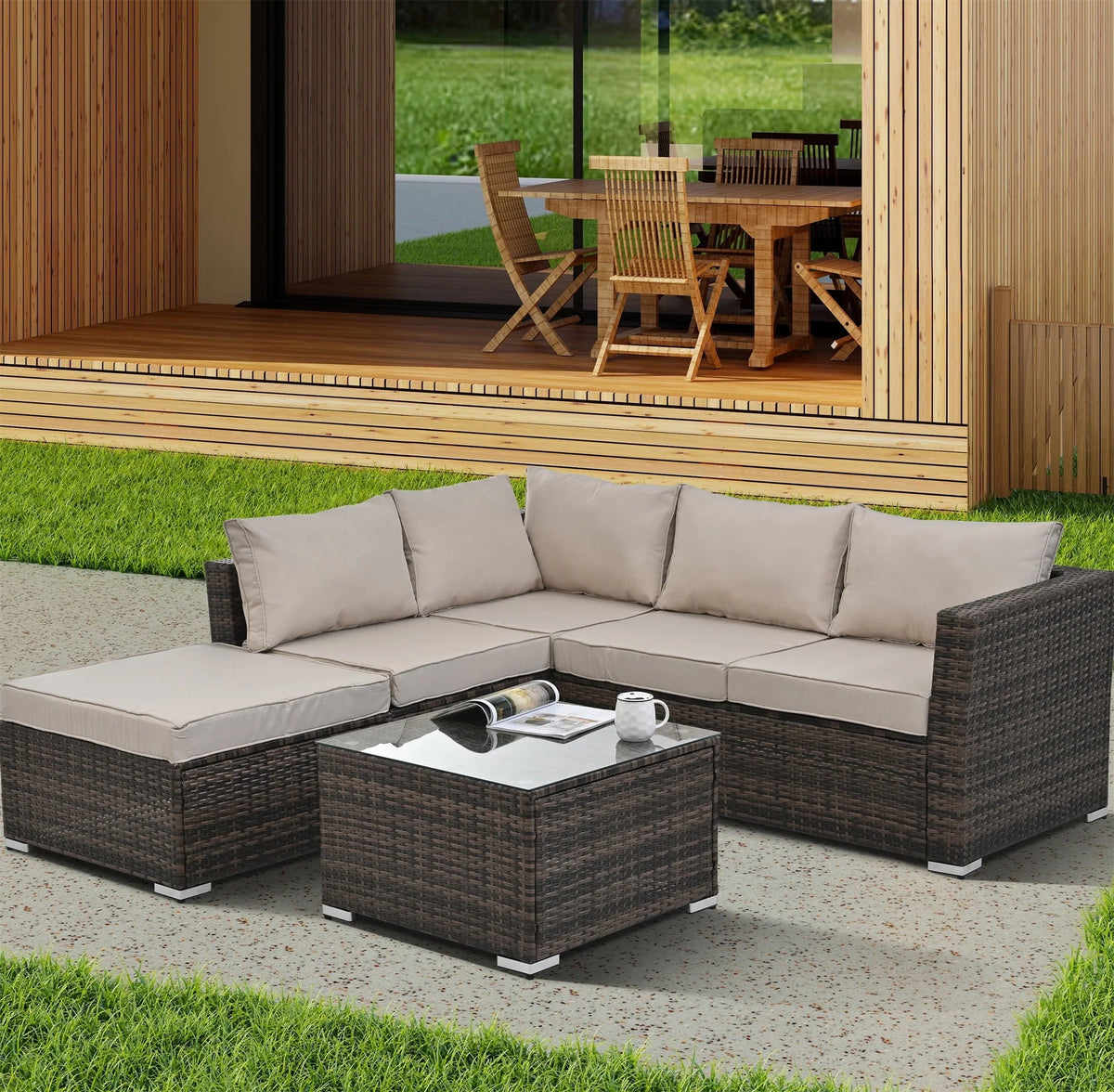 4 Piece All Weather Wicker Patio Sofa Set with Cushion and Glass Table Q924