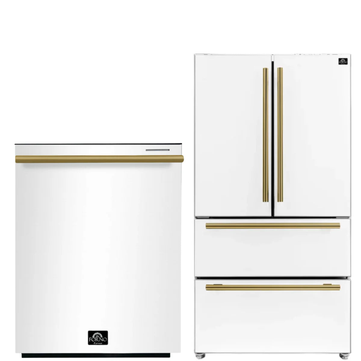 36 Refrigerator and Dishwasher in White with Antique Brass Handles I924279