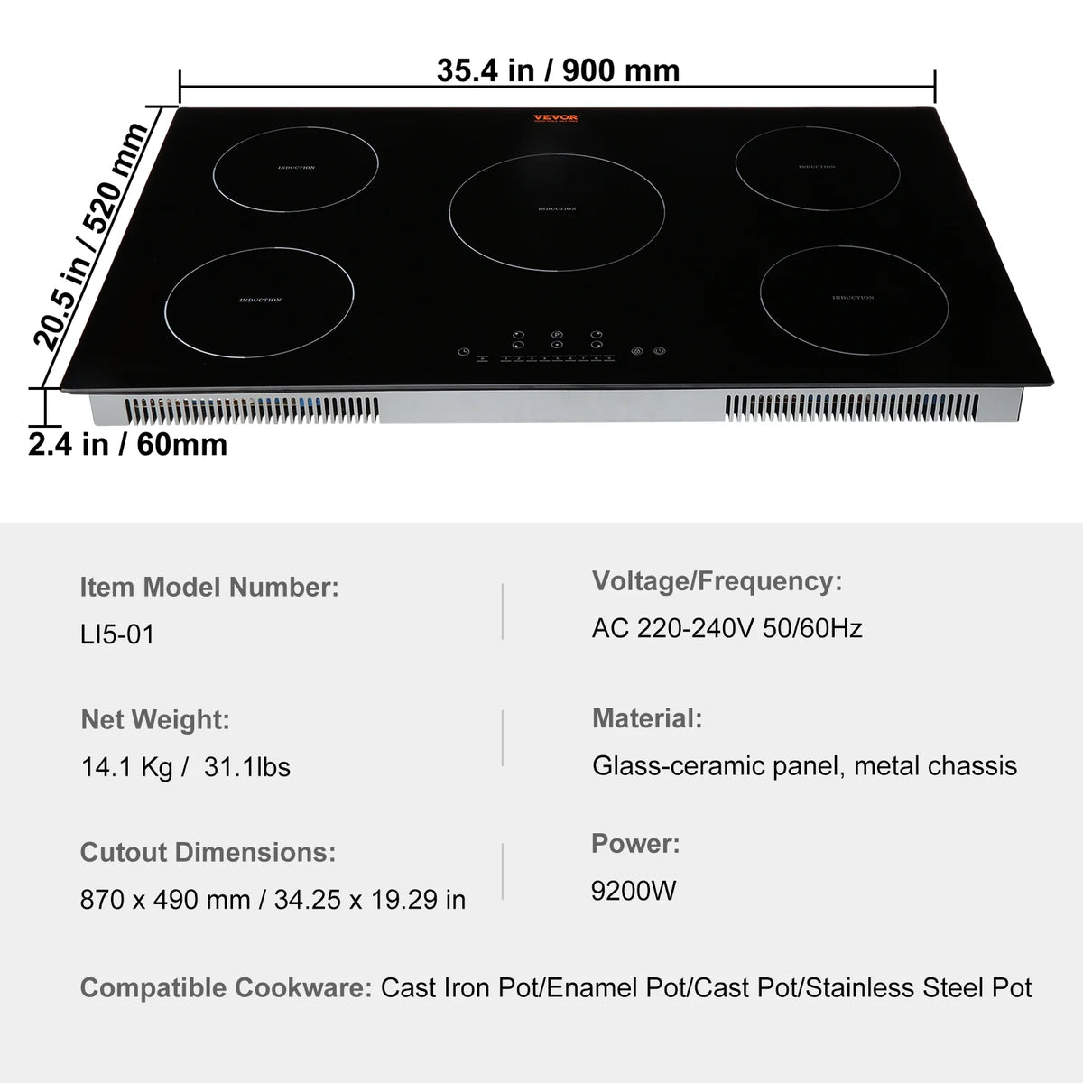 36 inch Electric Cooktop 5 Burners Ceramic Glass Stove Top G988