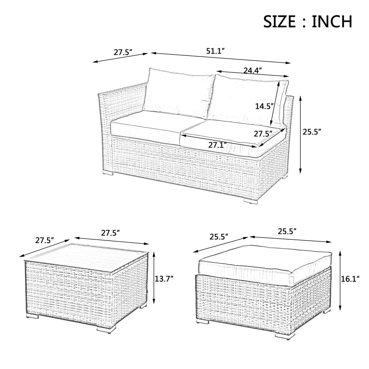 4 Piece All Weather Wicker Patio Sofa Set with Cushion and Glass Table Q924