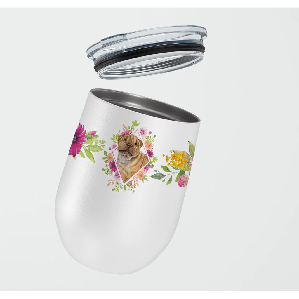 Shar Pei Pink Flowers Stainless Steel 12 oz Stemless Wine Glass P8596