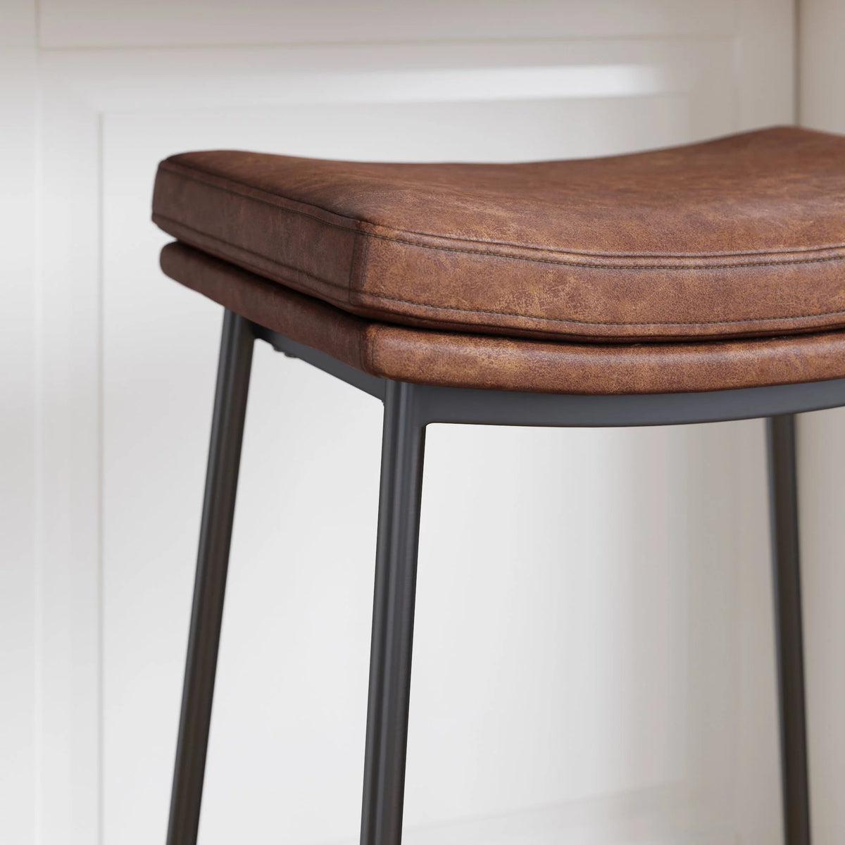 Brown Backless Upholstered Bar Stool with Metal Base U95866