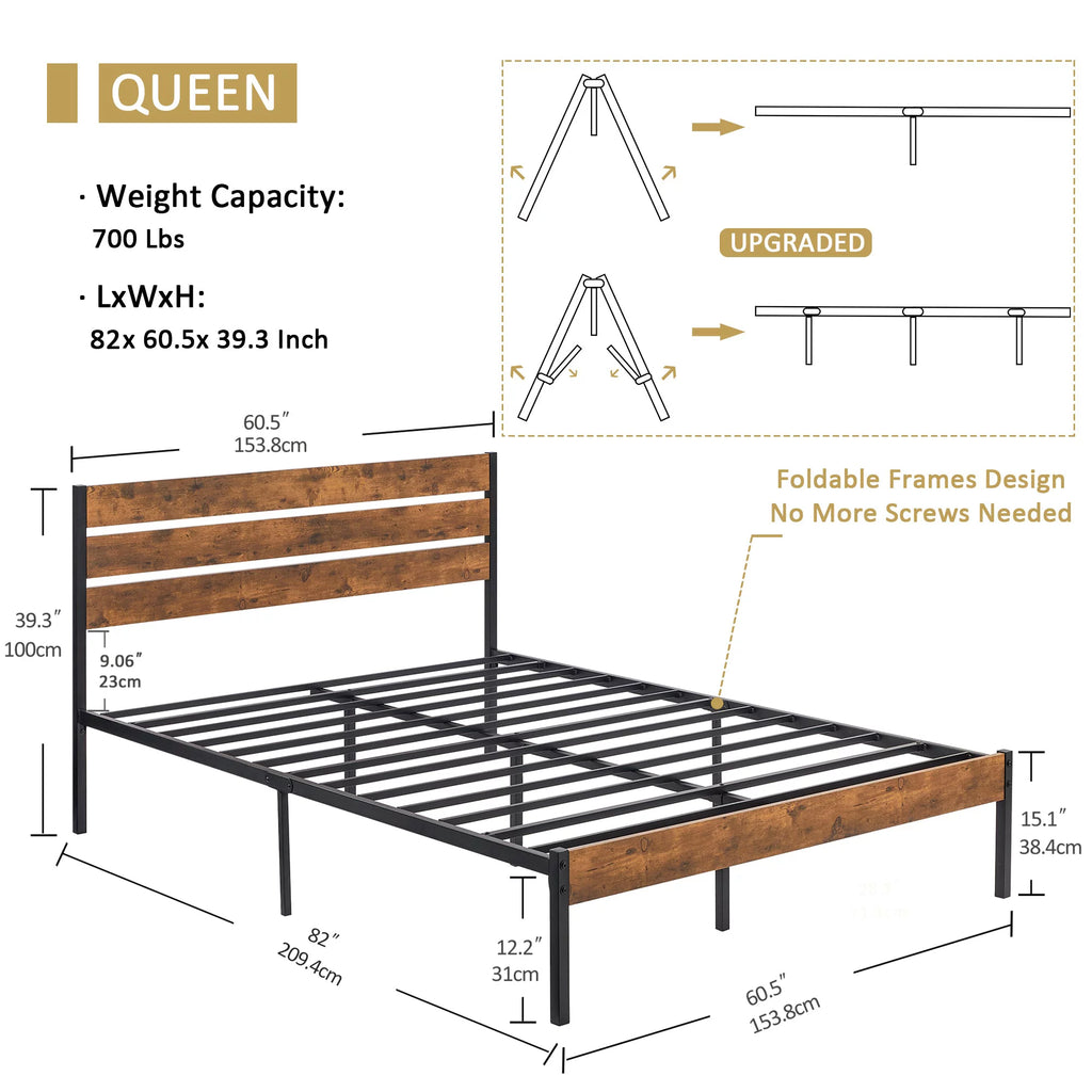 Queen Bed Frame with Wooden Headboard and Metal Slats M2300