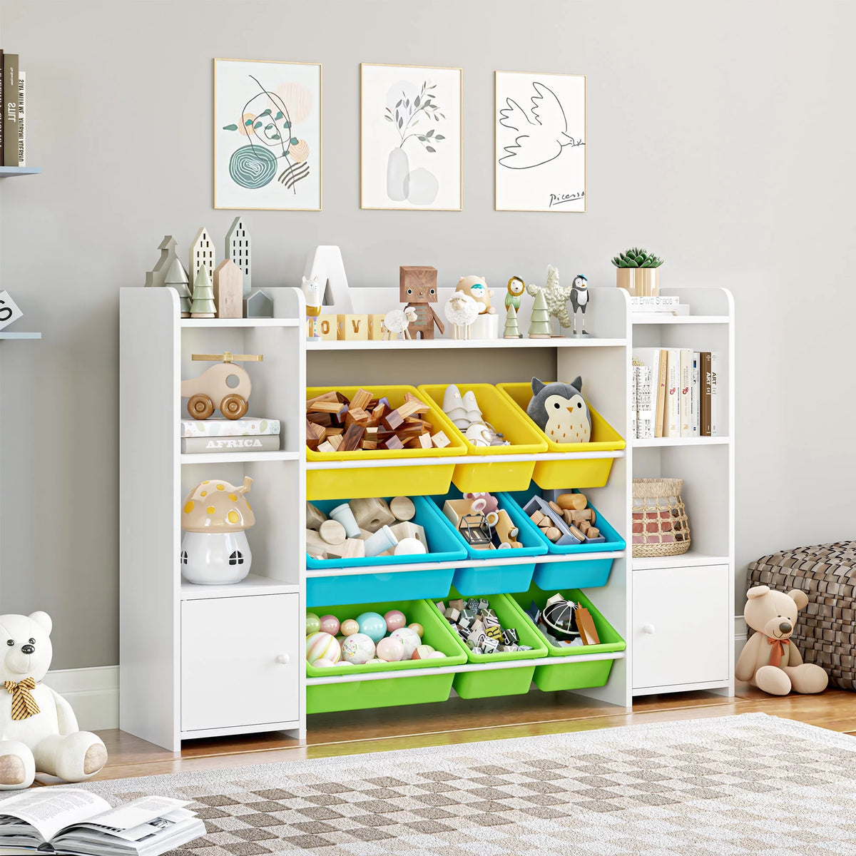 White Toy Storage Organizer Bookcase with 9 Bins M1569
