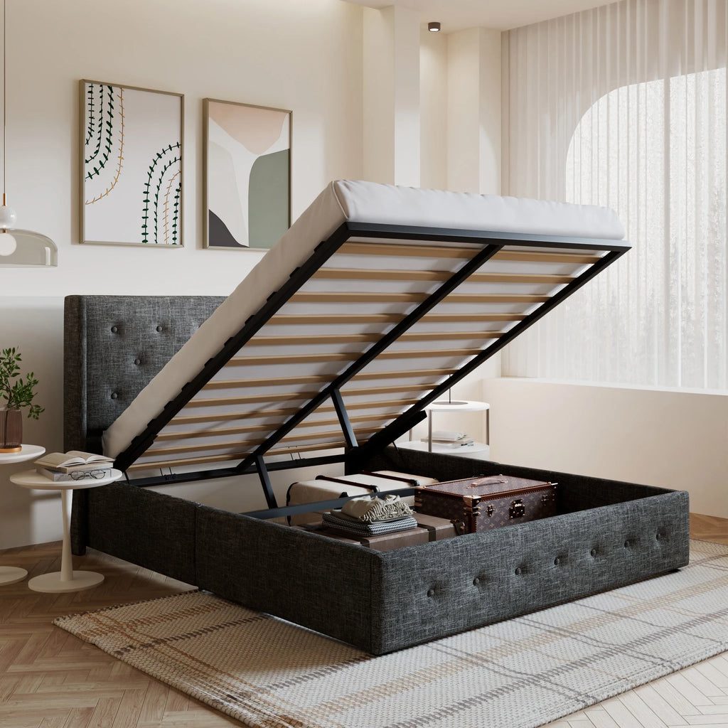 King Size Upholstered Storage Platform Bed Frame with Wingback Headboard T3733