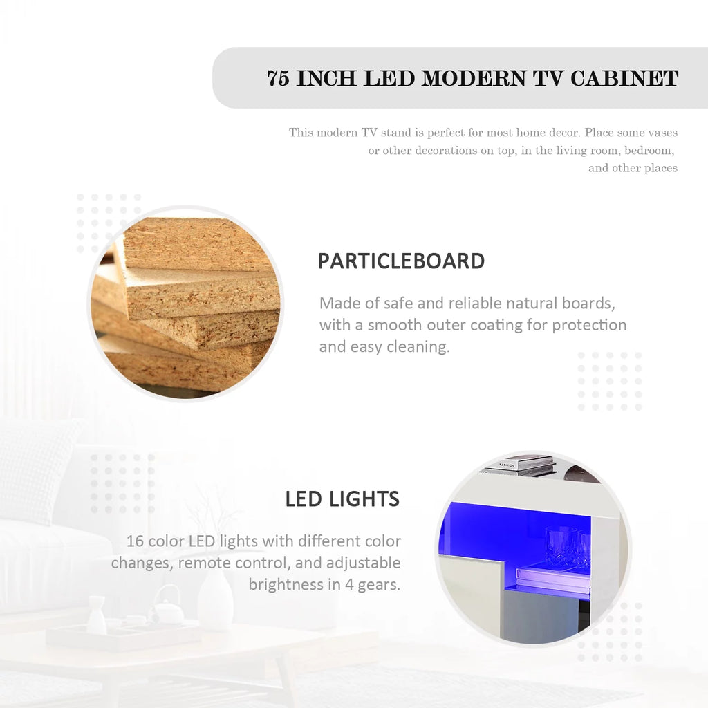 White Solid Wood TV Stand with LED Lights and Storage Drawer U4349