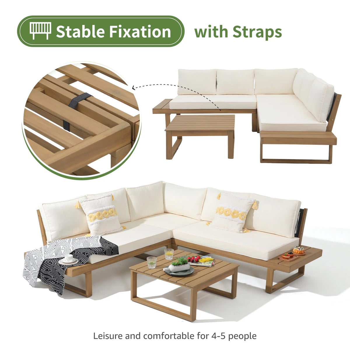 4-Piece Acacia Wood Patio Sofa Set with Cream White Cushion L535642