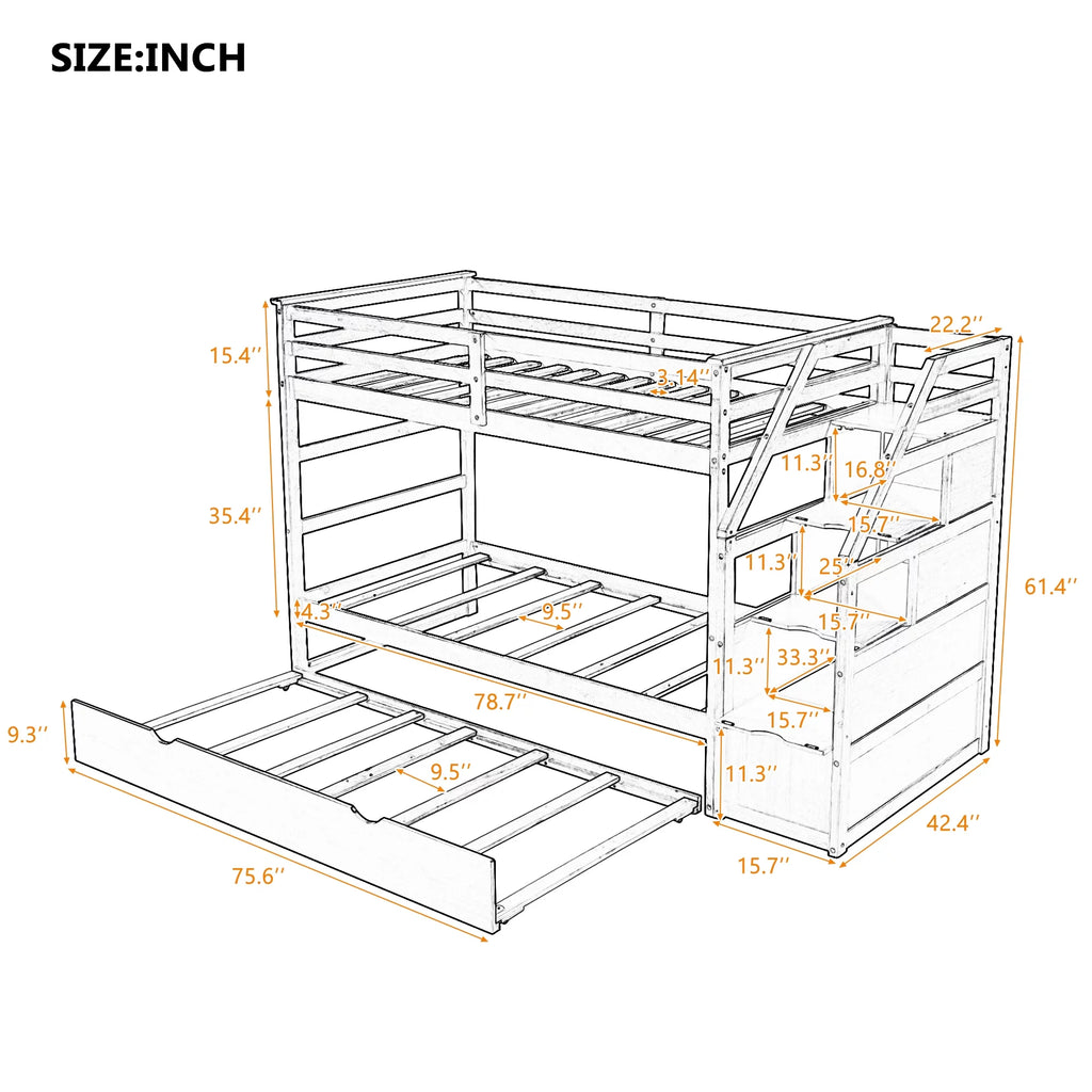 Walnut Twin-Over-Twin Bunk Bed with Trundle and Storage Stairs A37830