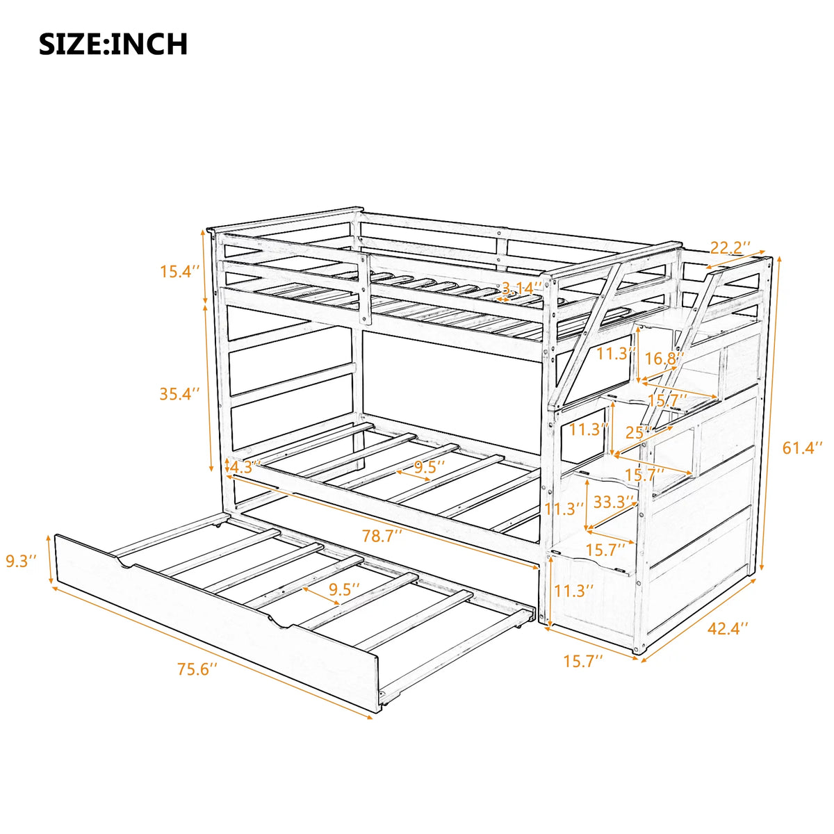 Walnut Twin-Over-Twin Bunk Bed with Trundle and Storage Stairs A37830