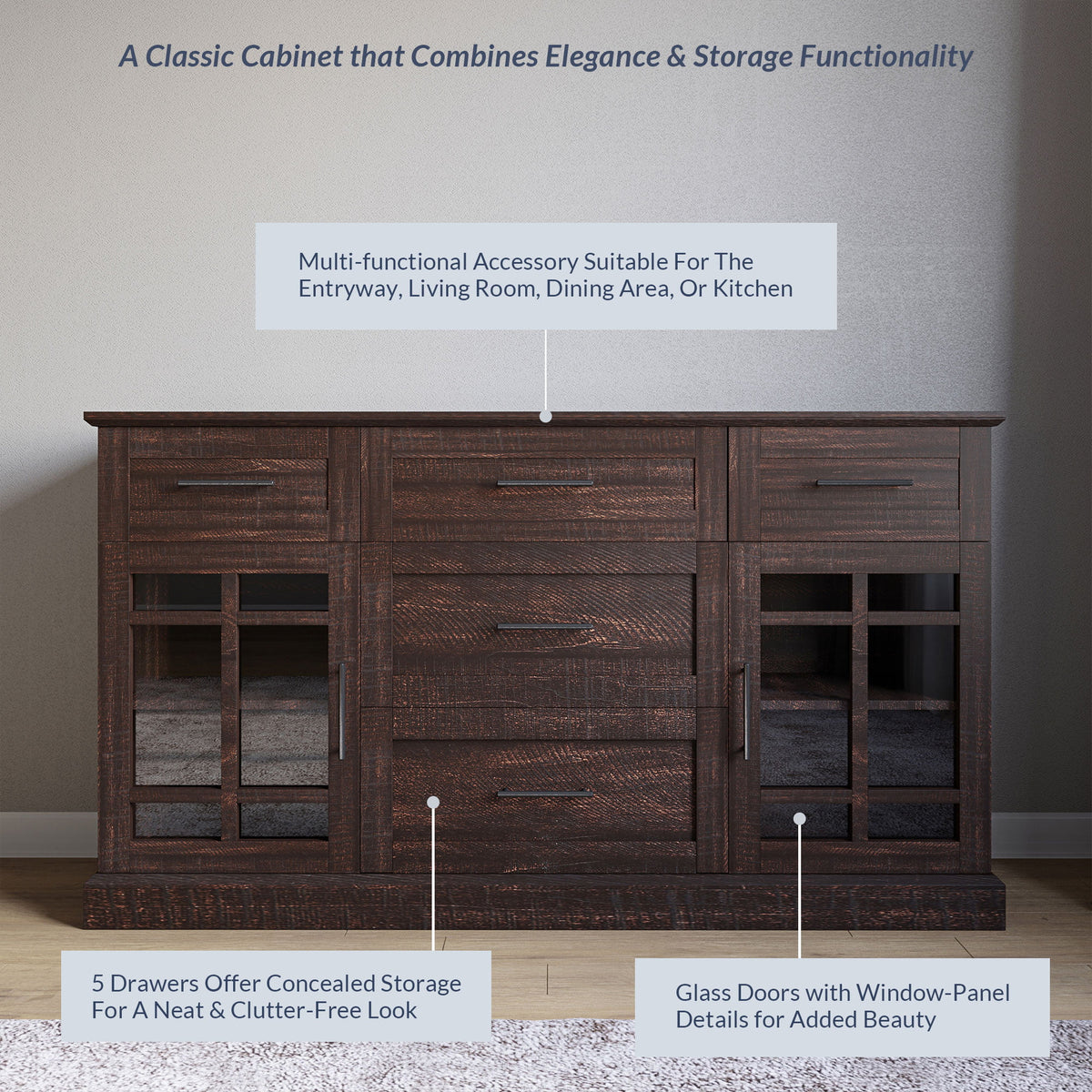 Espresso Sideboard Buffet Console Table with Drawers and Adjustable Shelves T3239