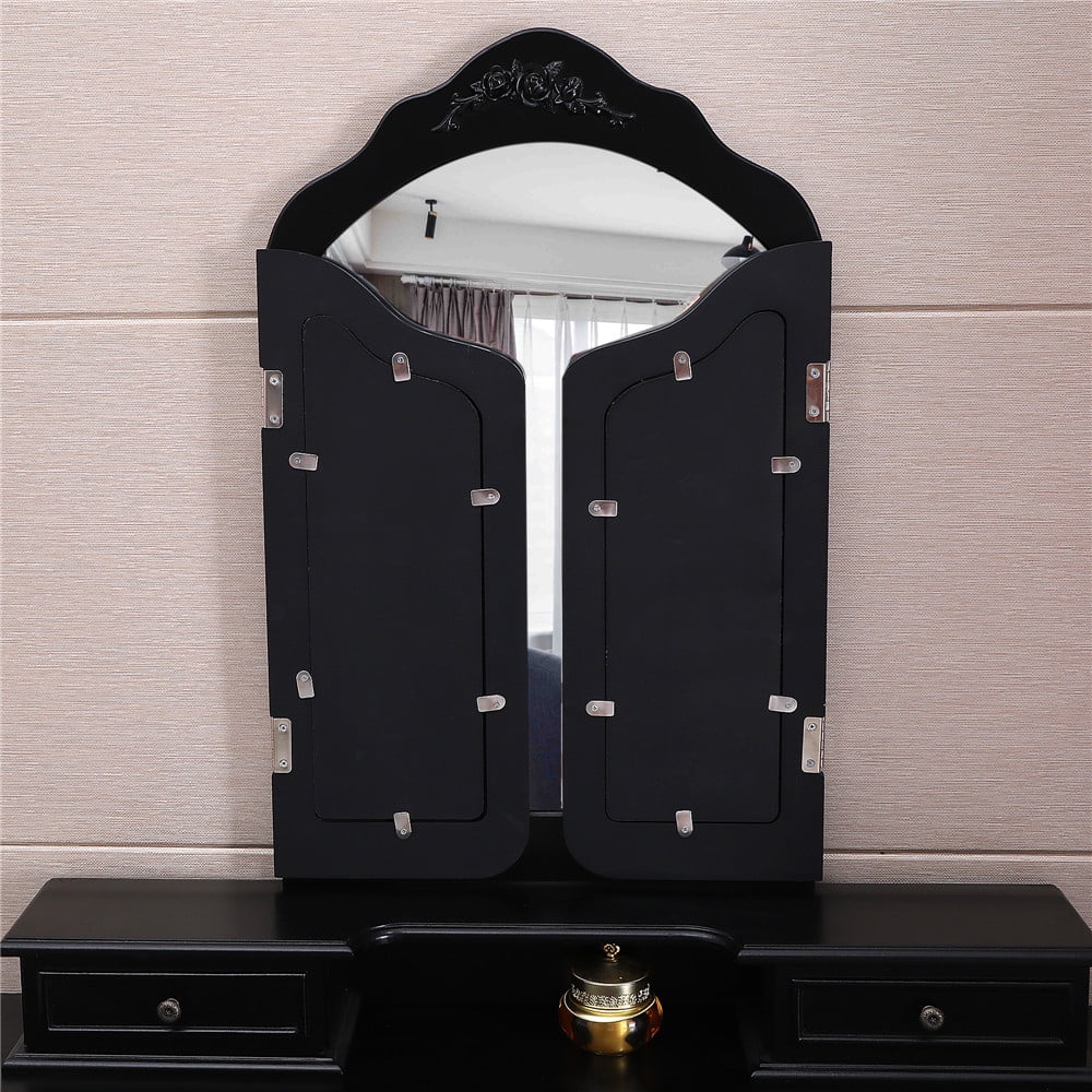 Black Trifold Mirror Vanity Table Set with Cushioned Stool 4 Drawer F359203