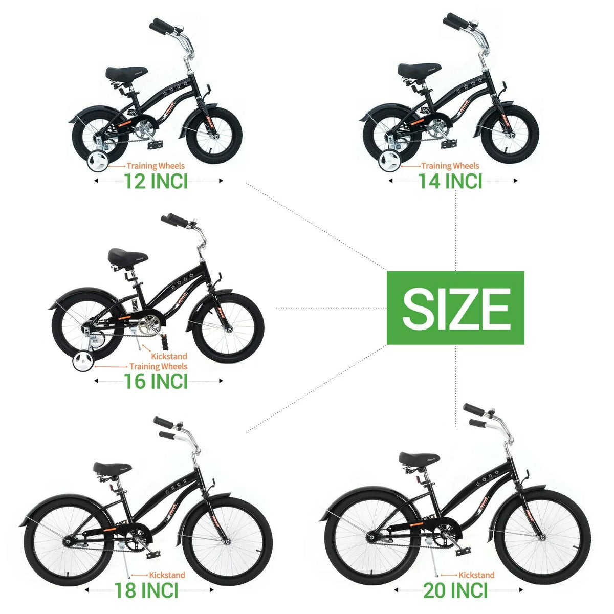 Kids Bike with Coaster Brake and Training Wheels, 12 inch Black S1681