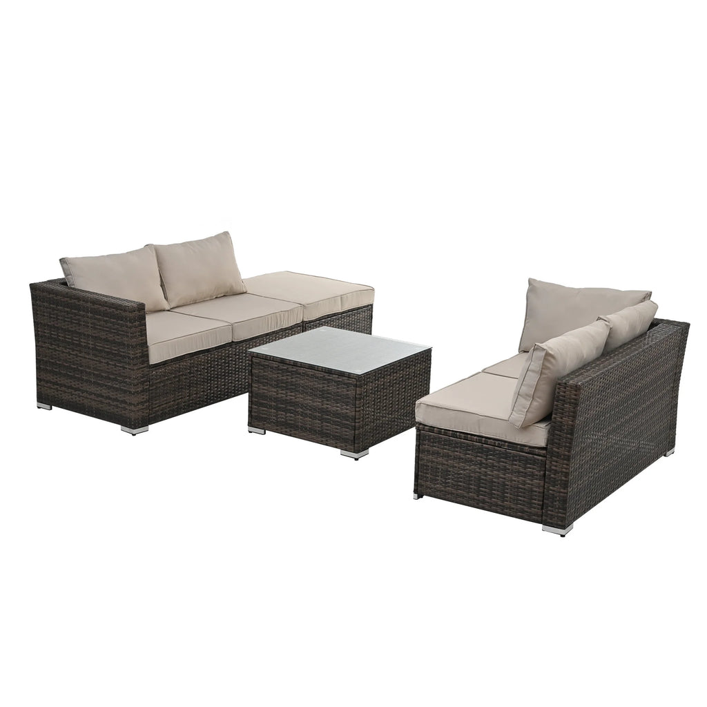 4 Piece All Weather Wicker Patio Sofa Set with Cushion and Glass Table Q924