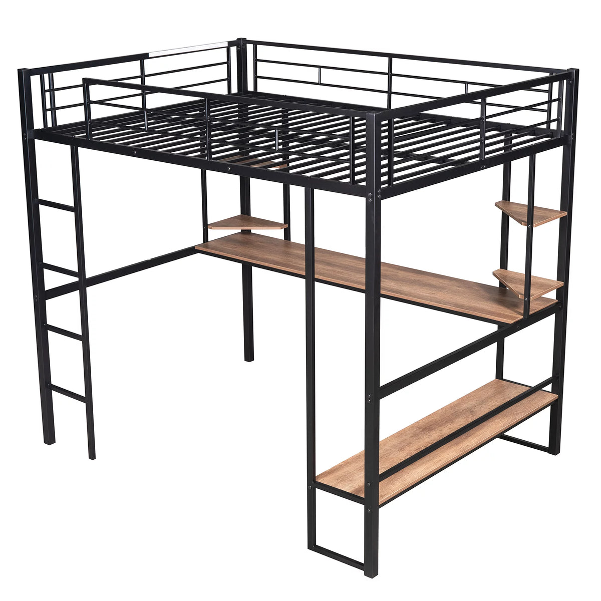 Black Full Metal Loft Bed with Desk and Storage Shelves K56481