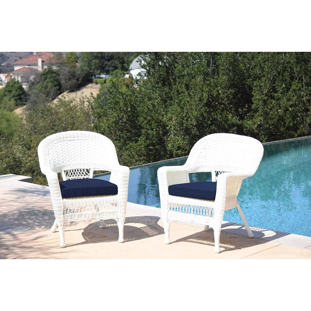 White Wicker Chair with Blue Cushion Set of 2 P713944
