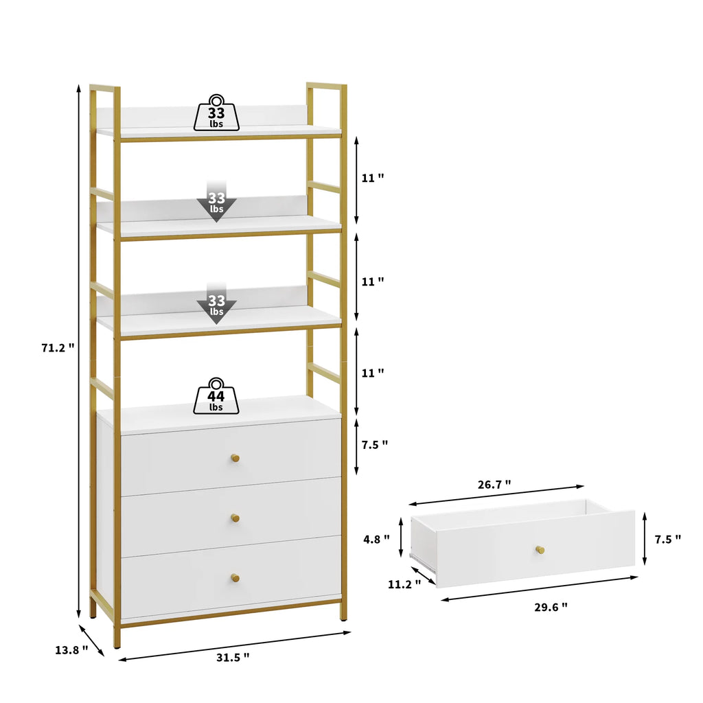 4 Tier Gold Bookcase with 3 Drawers Q28364