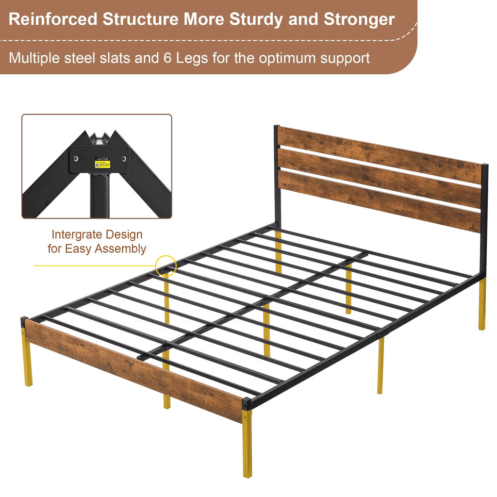 Queen Bed Frame with Wooden Headboard and Metal Slats M2300