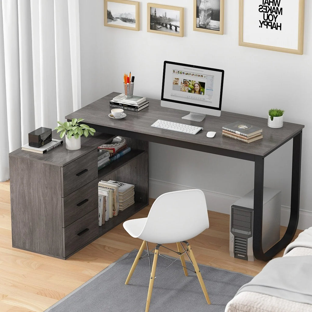 55-inch L Shaped Office Computer Desk with Drawers Grey A143