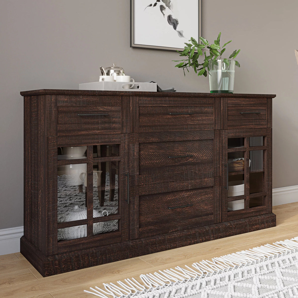 Espresso Sideboard Buffet Console Table with Drawers and Adjustable Shelves T3239