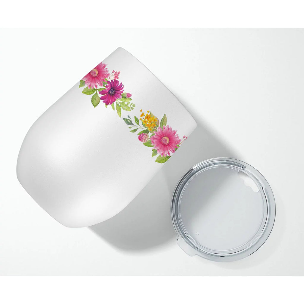 Shar Pei Pink Flowers Stainless Steel 12 oz Stemless Wine Glass P8596