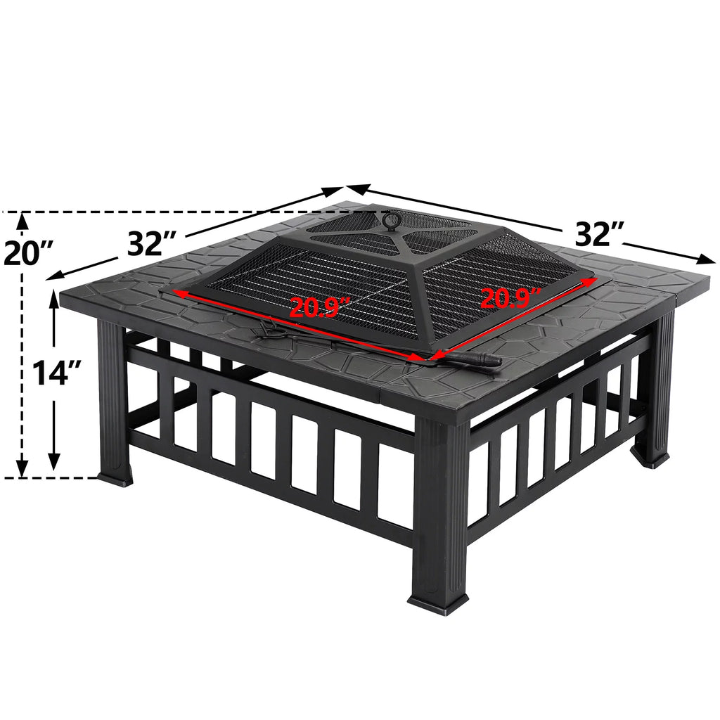 32 Square Wood Black Finish Steel Fire Pit C9693