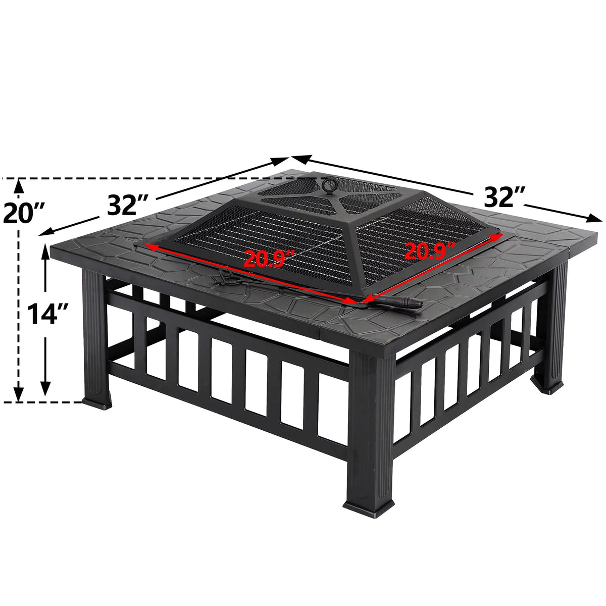 32 Square Wood Black Finish Steel Fire Pit C9693