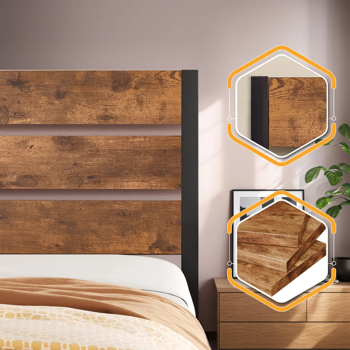 Queen Bed Frame with Wooden Headboard and Metal Slats M2300