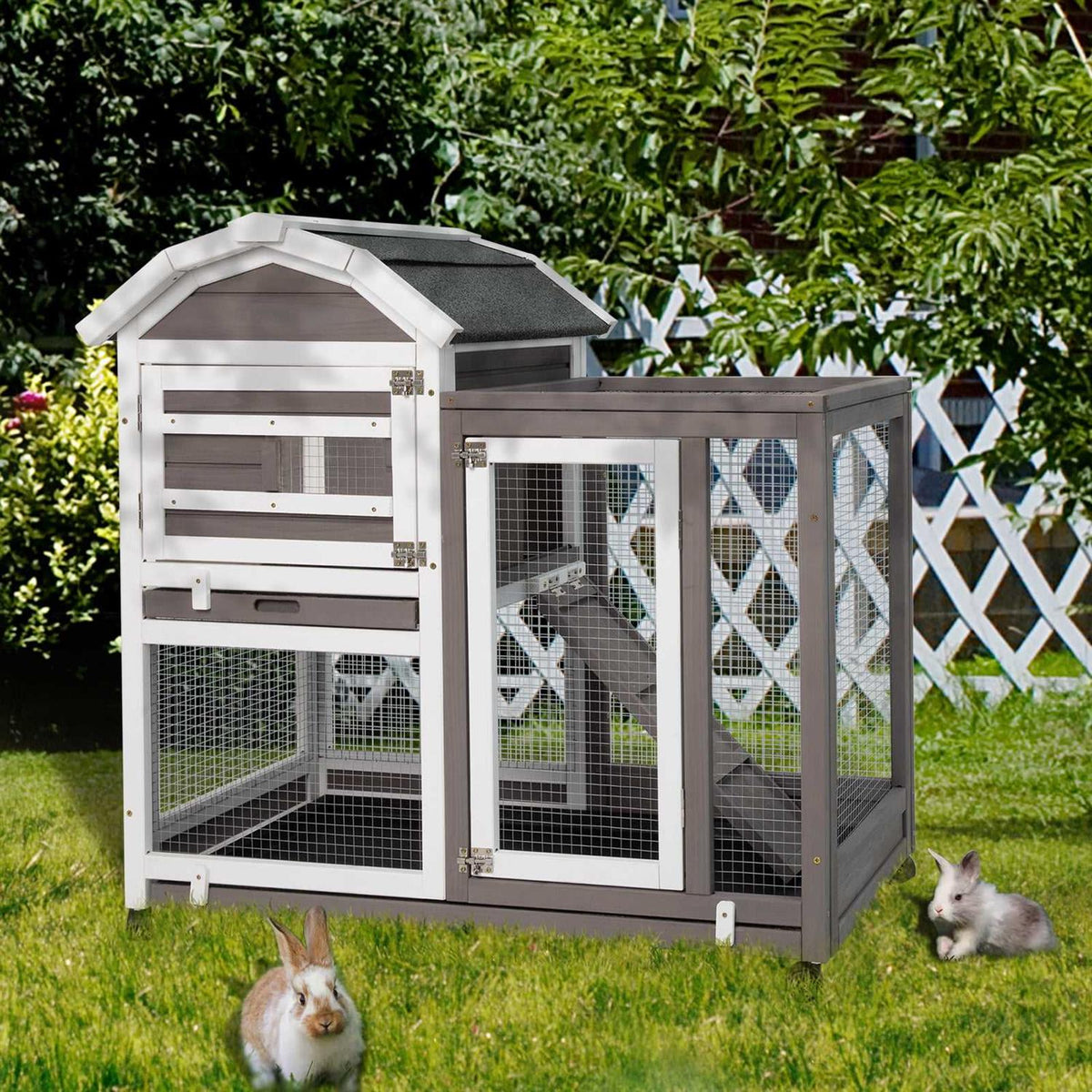 37.52 inch Rabbit Hutch Bunny Cage Guinea Pig House with Wheels W5412