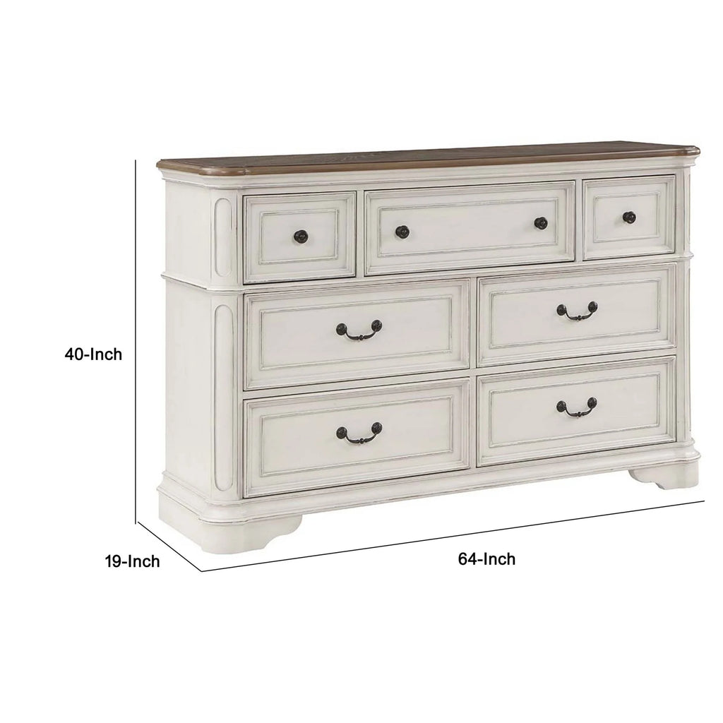 Antique White & Brown Wood Dresser with 7 Drawers M44106